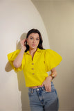 Yellow Cropped Blouse with Gold Buttons Front View - Muggnos