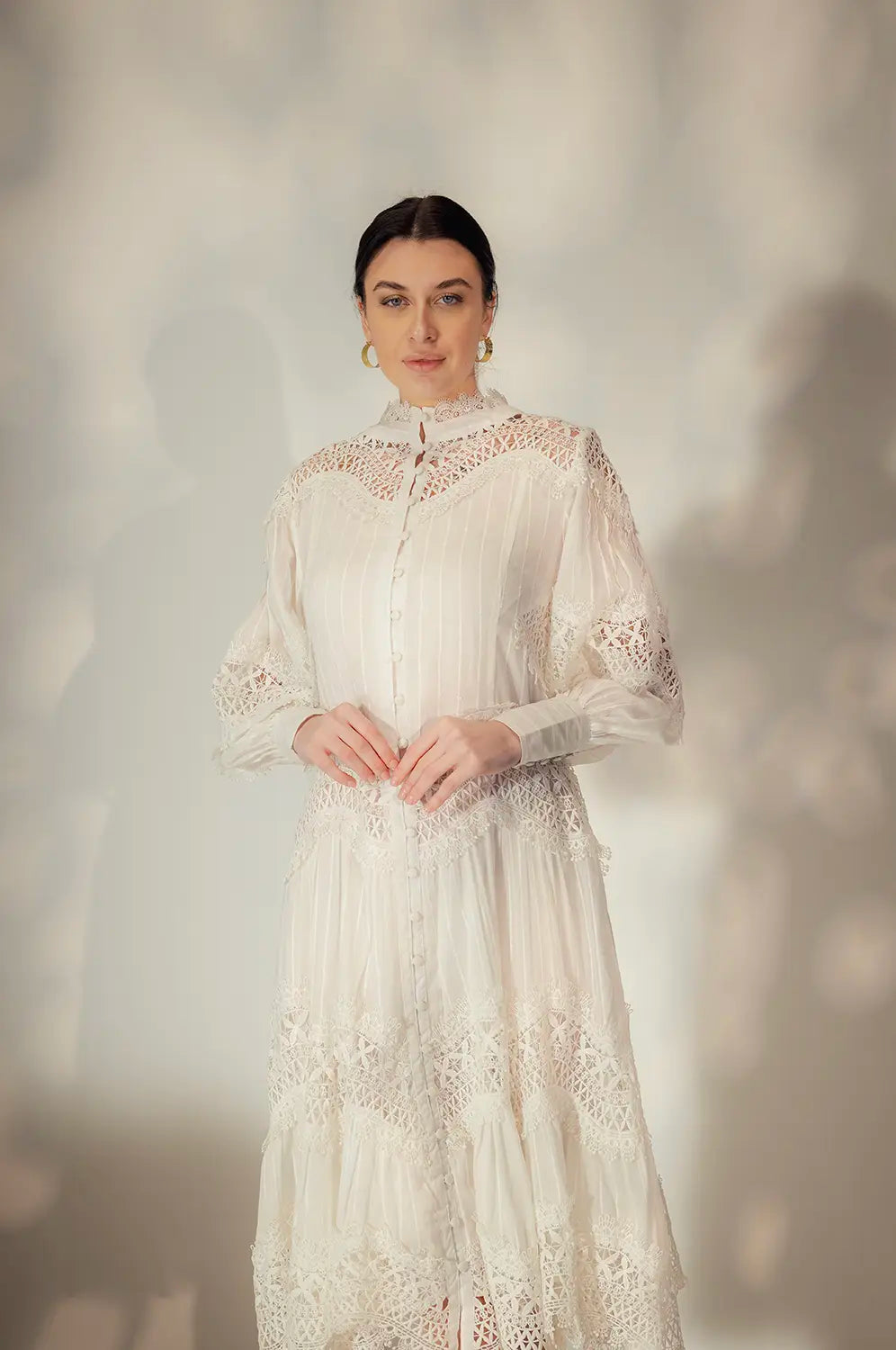 Long Plumetis Lace Dress Front View - Muggnos