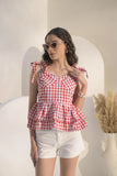 Gingham Bustier Red Top Detail View - Muggnos
