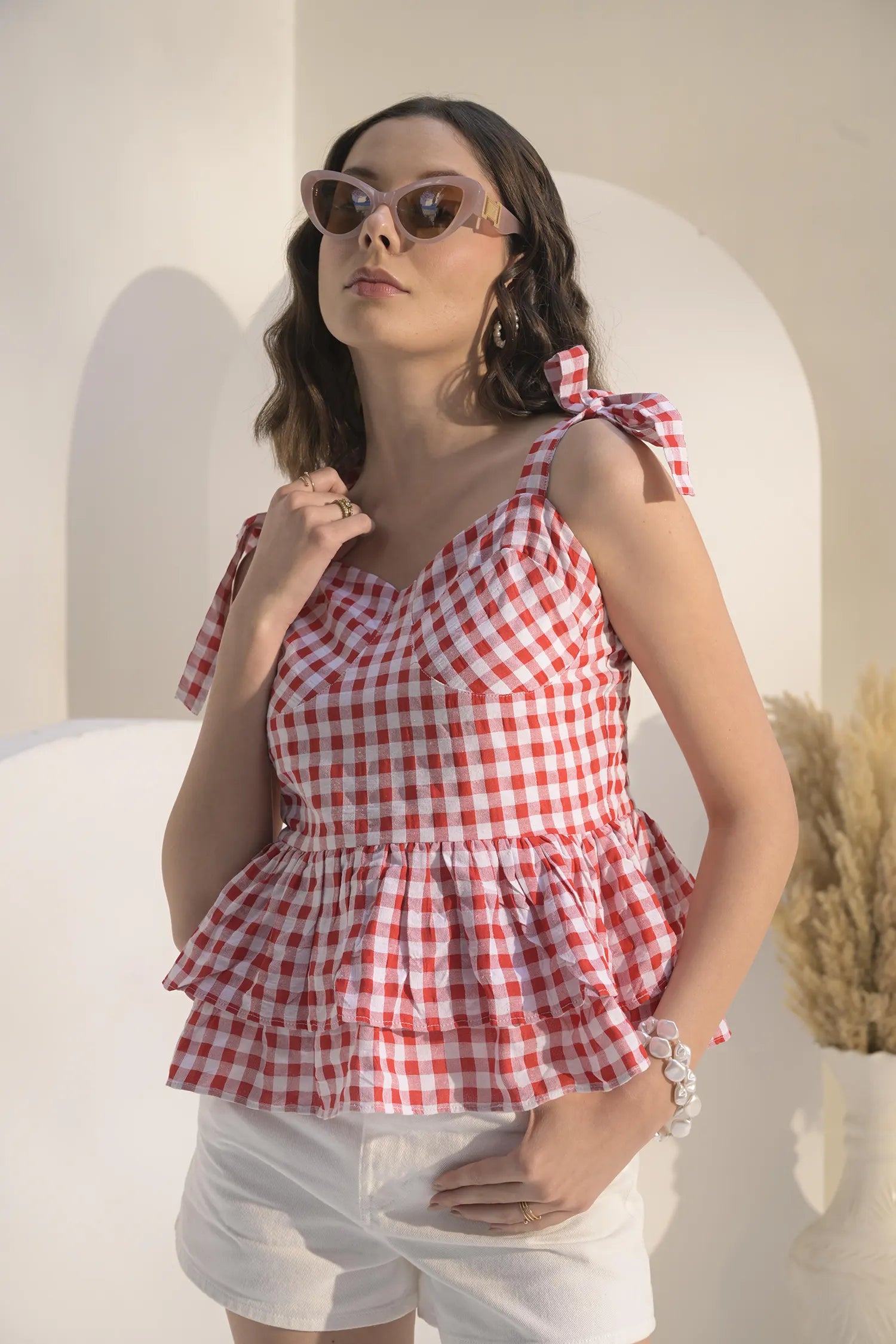 Gingham Bustier Red Top Close-Up - Muggnos