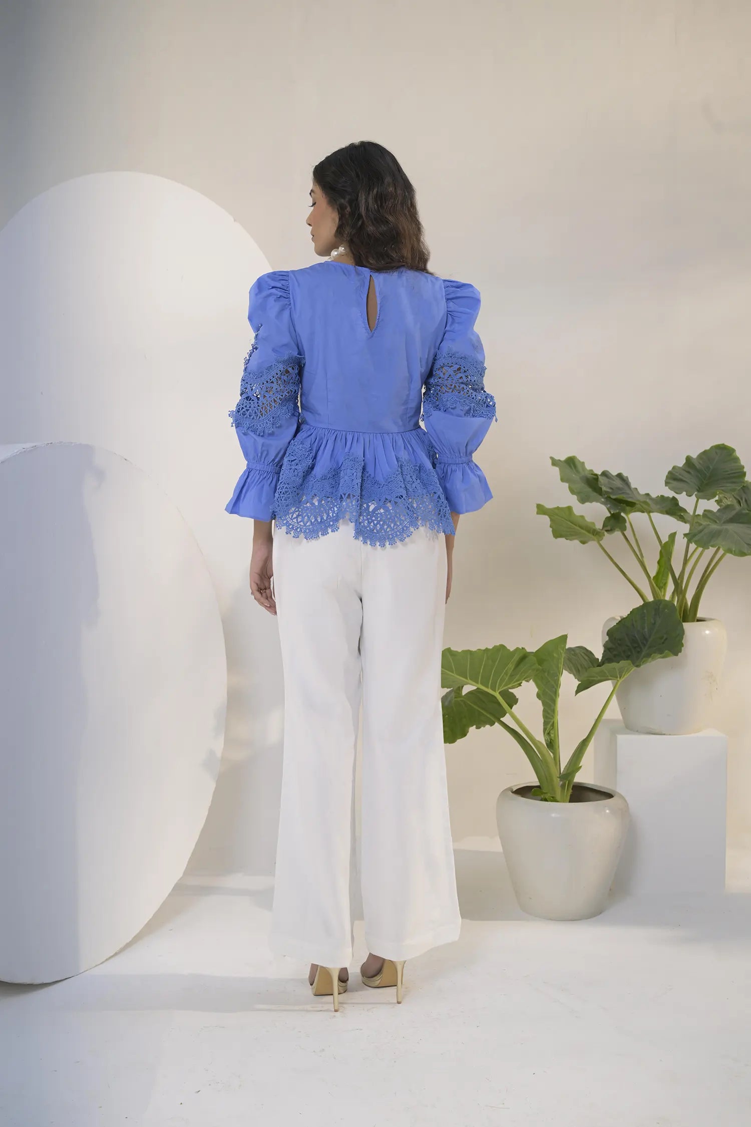 Lace Trim Ruffle Blouse Back View - Muggnos