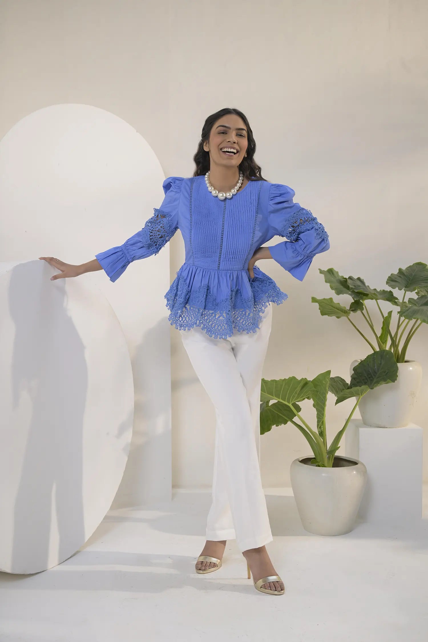 Lace Trim Ruffle Blouse Full Shot - Muggnos