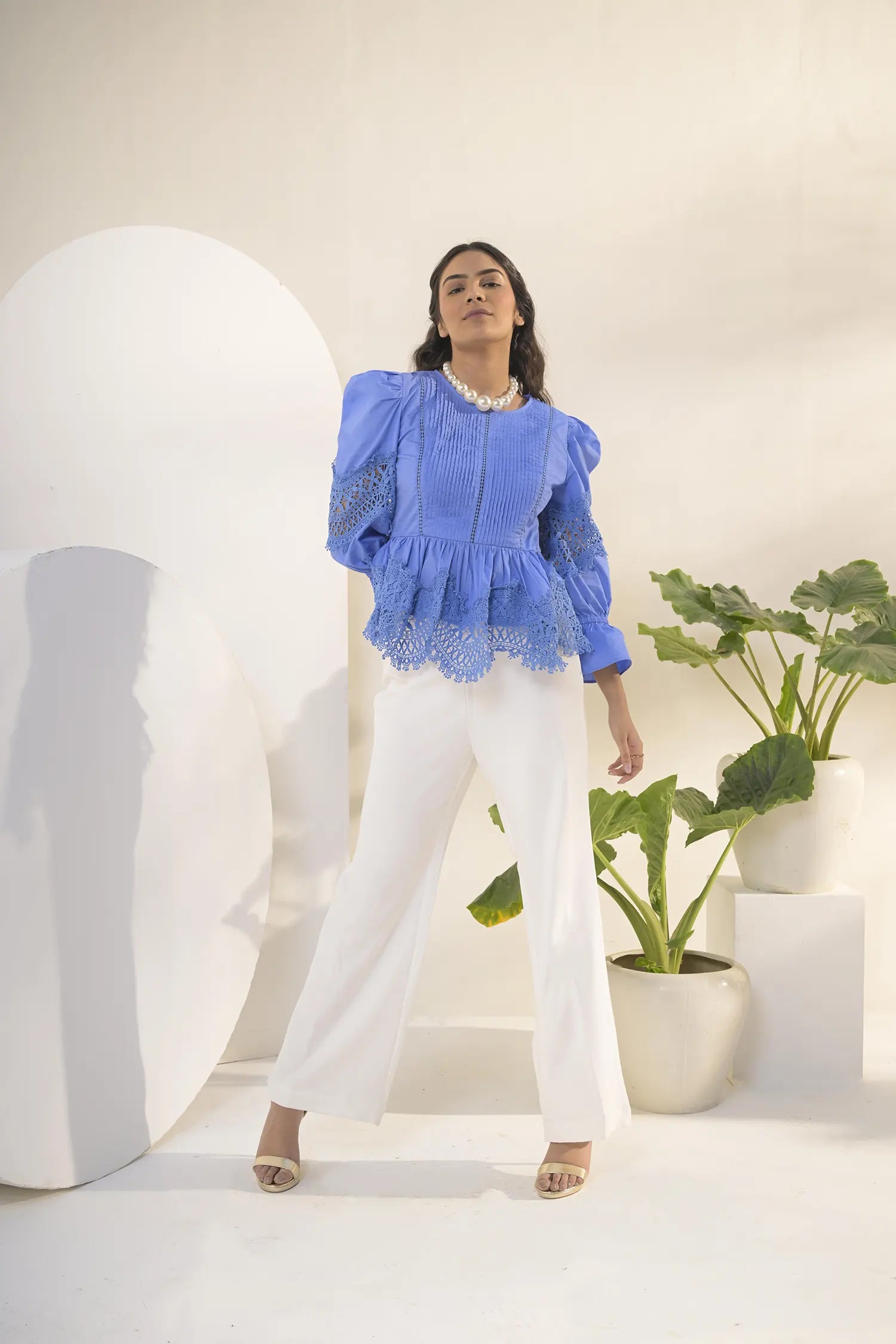 Lace Trim Ruffle Blouse Side View - Muggnos