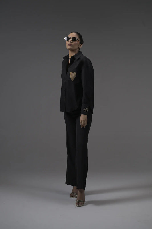 Black Poplin Embellished Shirt - Muggnos