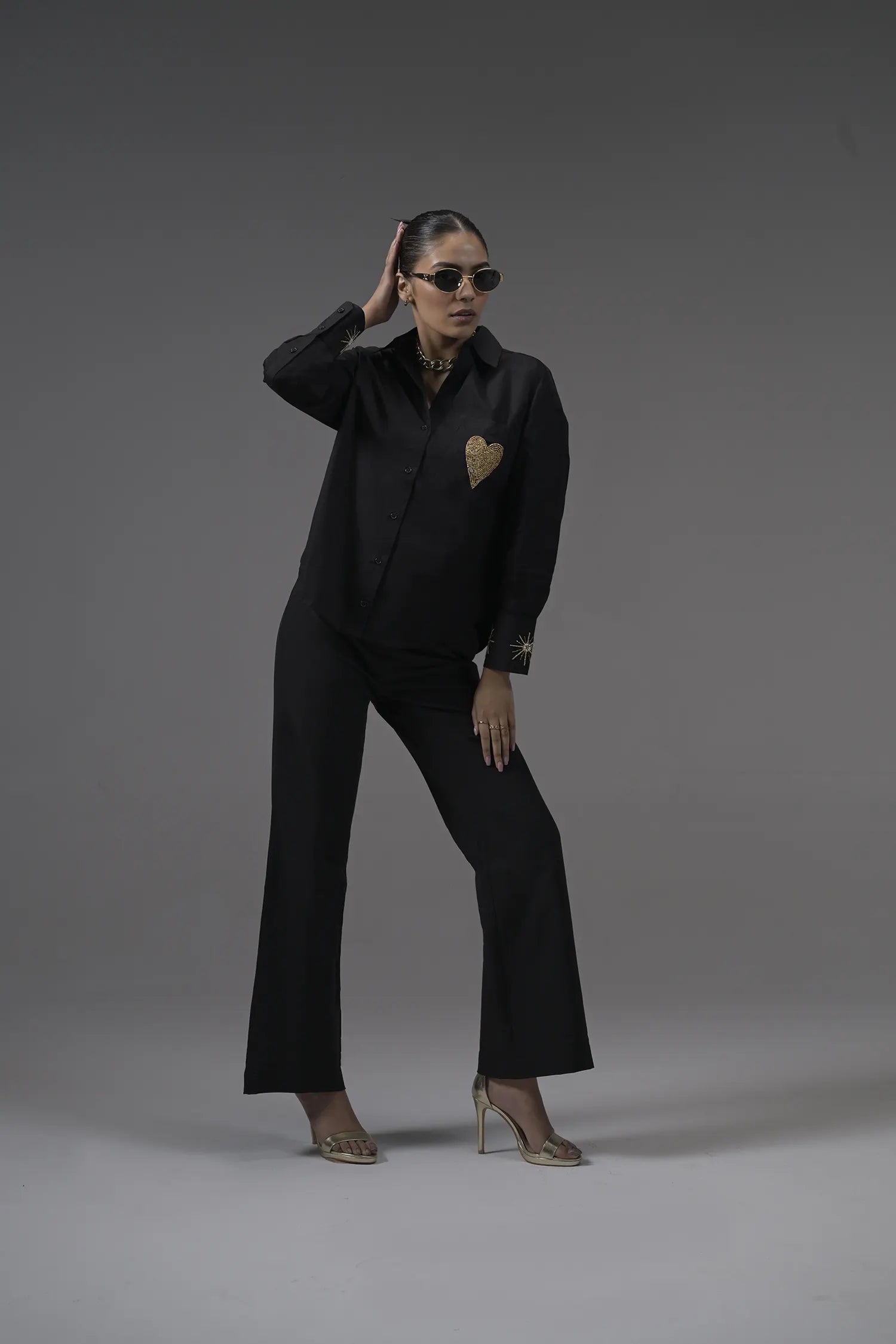 Black Poplin Embellished Shirt - Muggnos