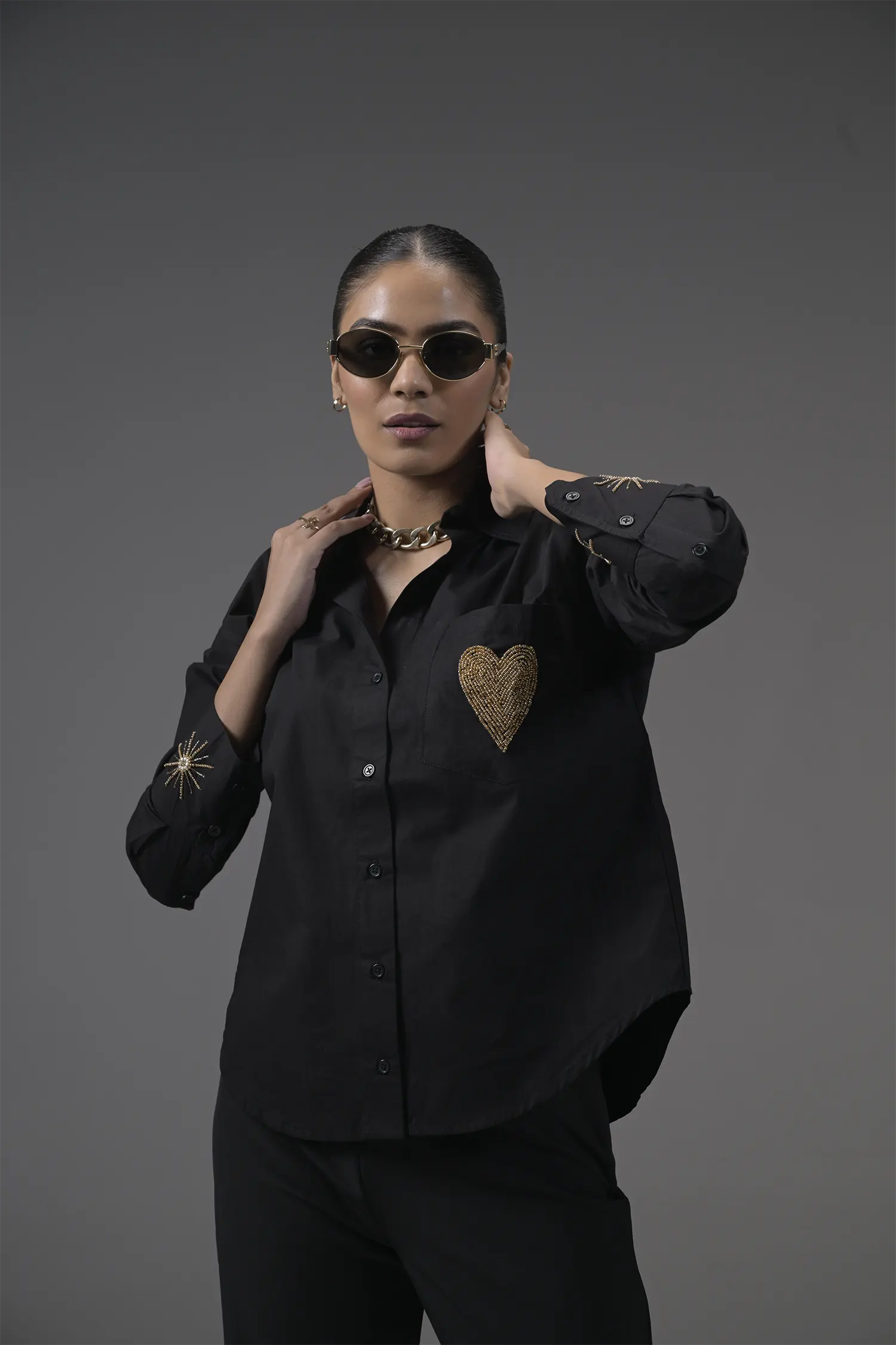 Black Poplin Embellished Shirt - Muggnos