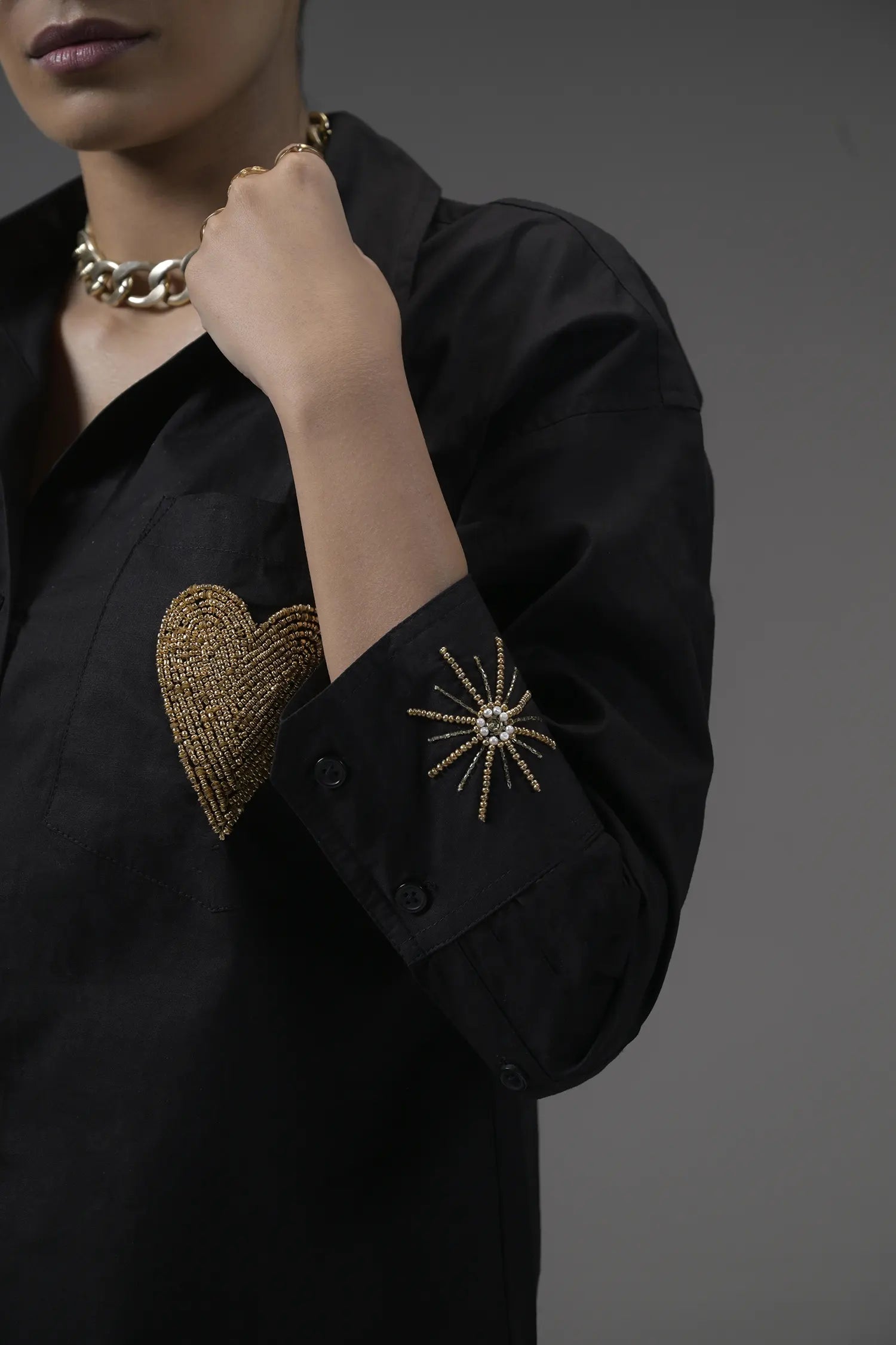 Black Poplin Embellished Shirt - Muggnos