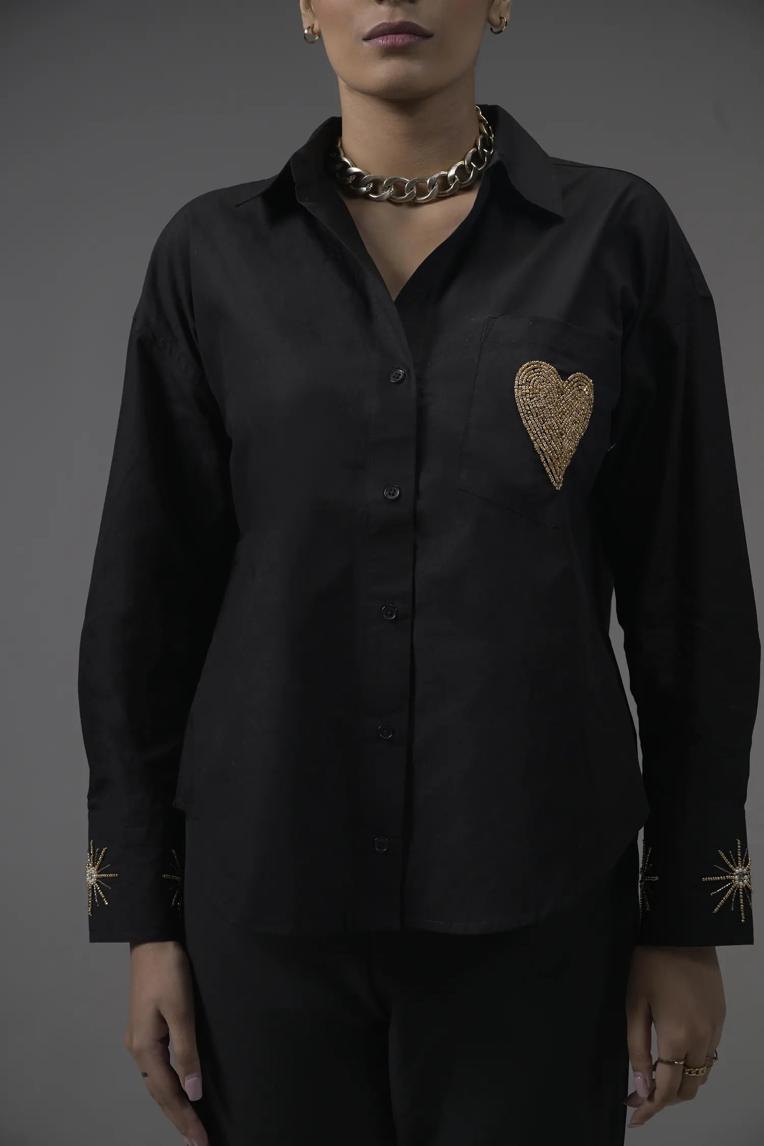 Black Poplin Embellished Shirt - Muggnos