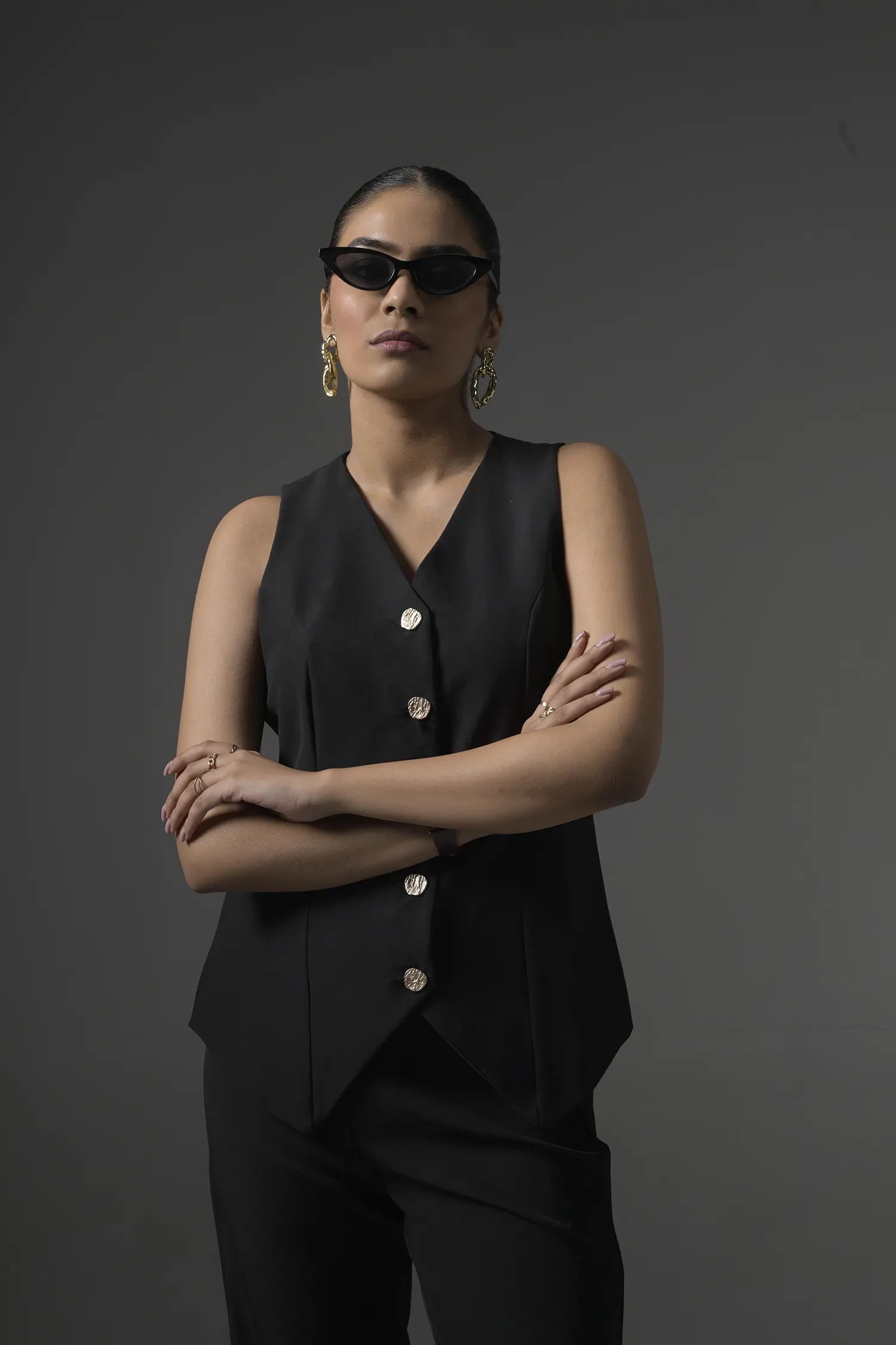 Black Tailored Waistcoat with Flared Pants - Muggnos