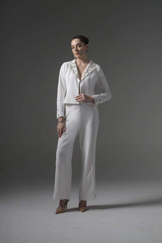 Crystal Embellish White Blazer - Muggnos