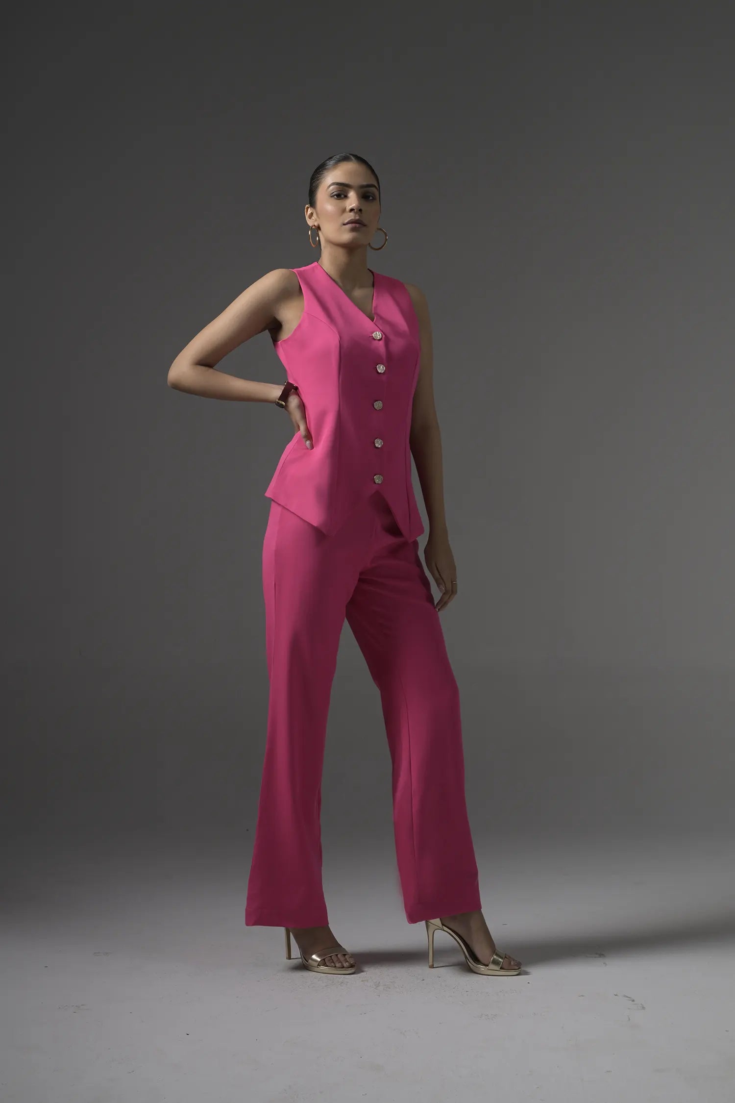 Pink Tailored Waistcoat with Flared Pants - Muggnos