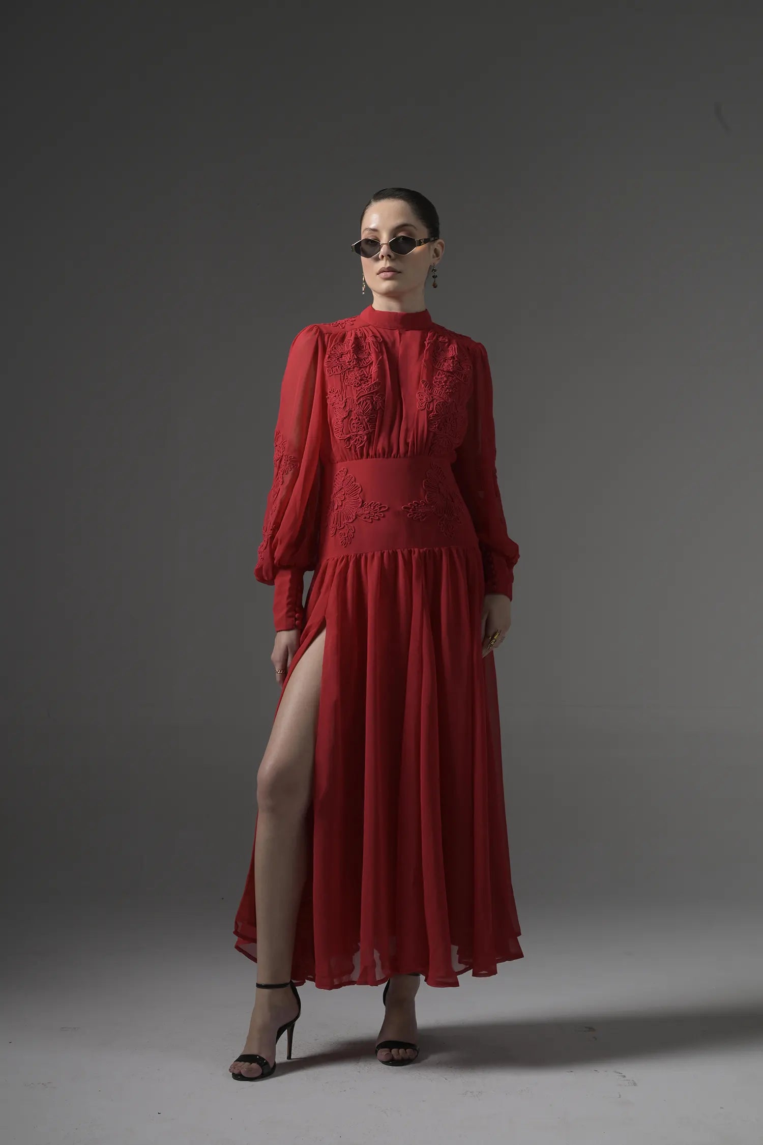 Long Embroidered Slit Dress - Muggnos