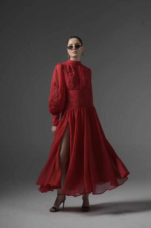 Long Embroidered Slit Dress front view-Muggnos