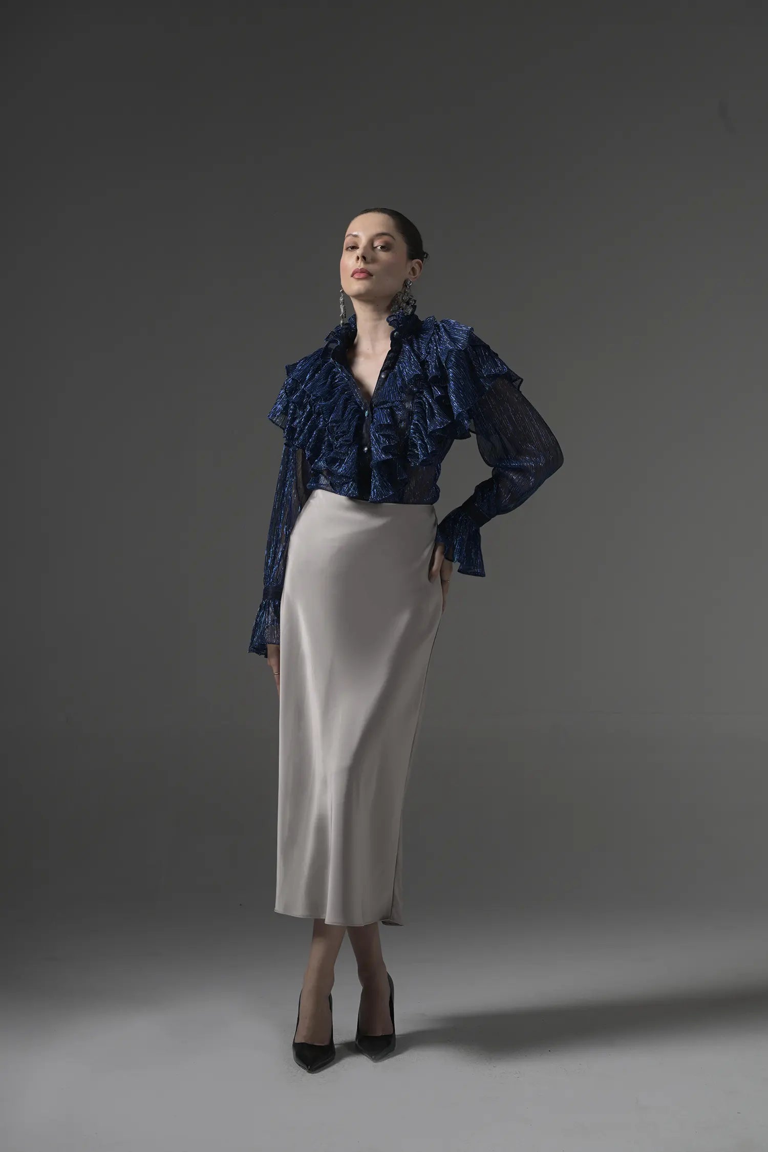 Semi-Sheer Ruffle Blouse Angle View - Muggnos