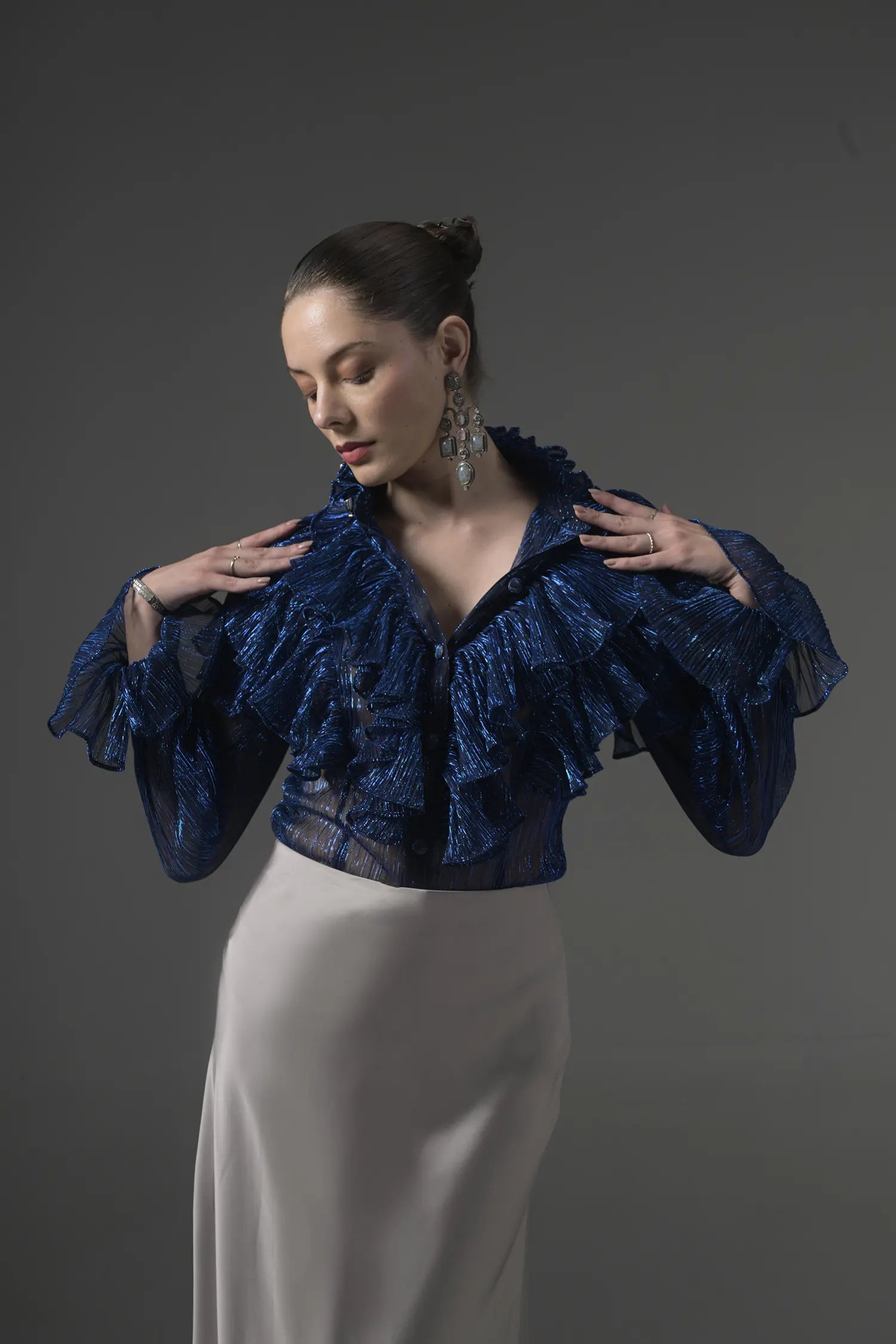 Semi-Sheer Ruffle Blouse Full Shot - Muggnos