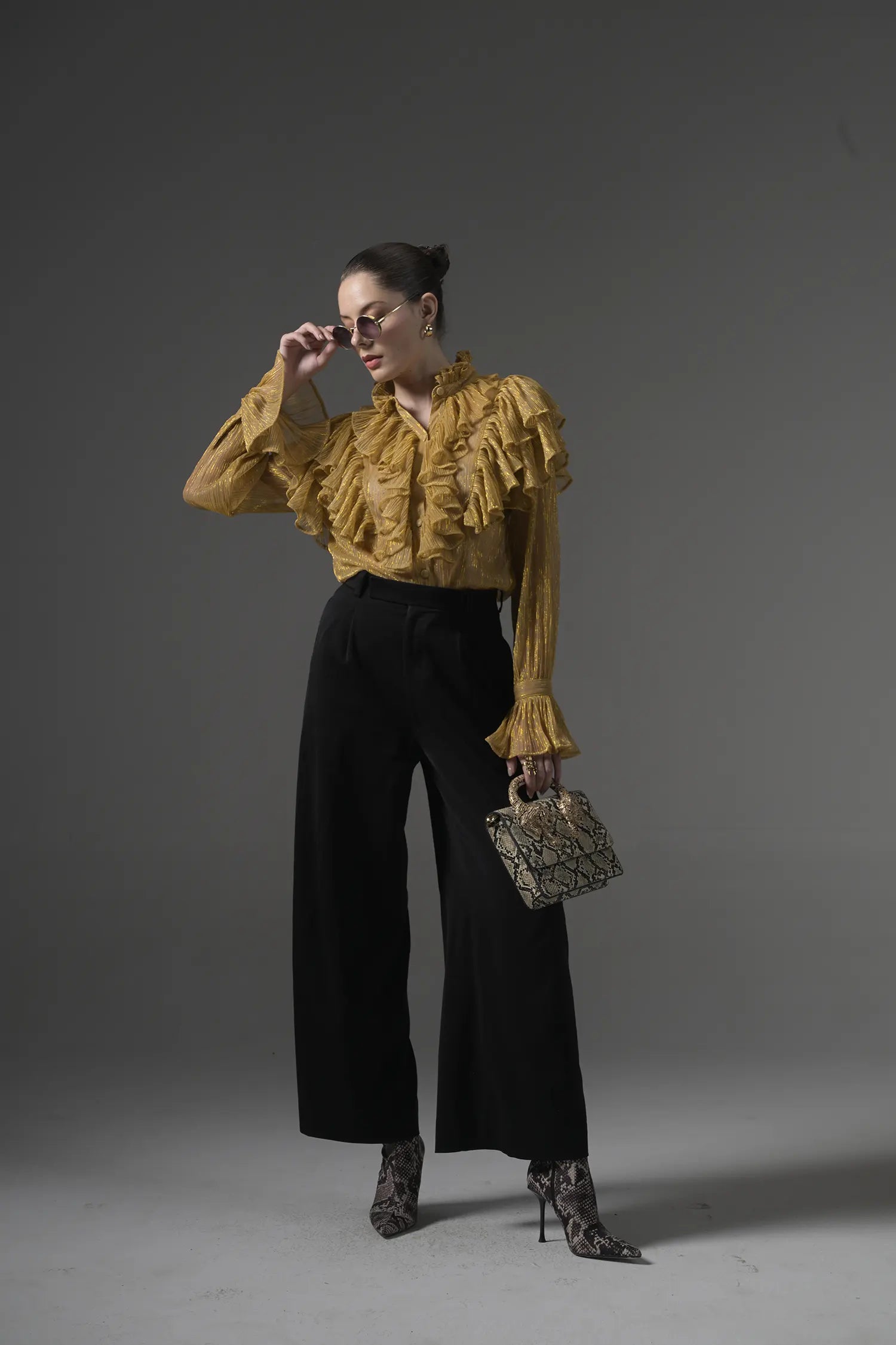 Semi-Sheer Ruffle Blouse Front View - Muggnos