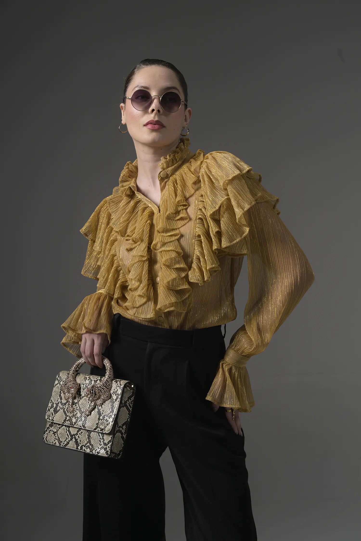 Semi-Sheer Ruffle Blouse Detail View Compact - Muggnos