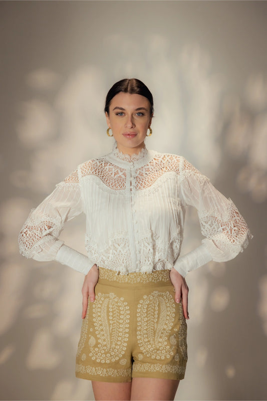 Short Plumetis Lace Blouse Front View - Muggnos