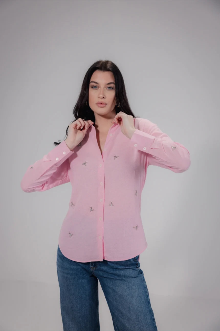 Linen Blend Studded Shirt Front View - Muggnos