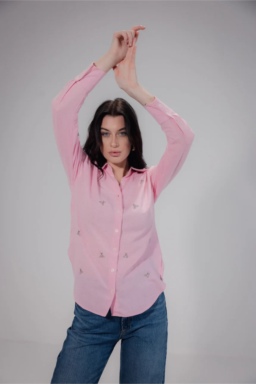 Linen Blend Studded Shirt Close-Up - Muggnos