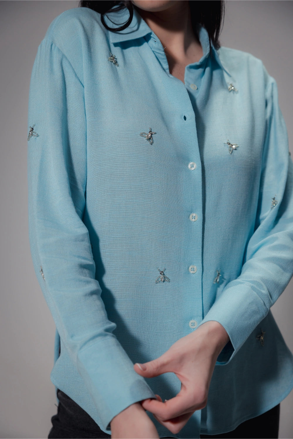 Linen Blend Studded Blue shirt - Muggnos