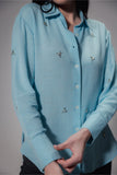 Linen Blend Studded Blue shirt - Muggnos