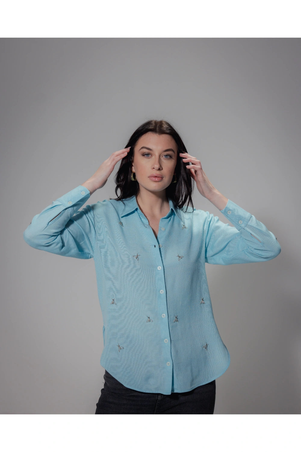 Linen Blend Studded Blue shirt - Muggnos