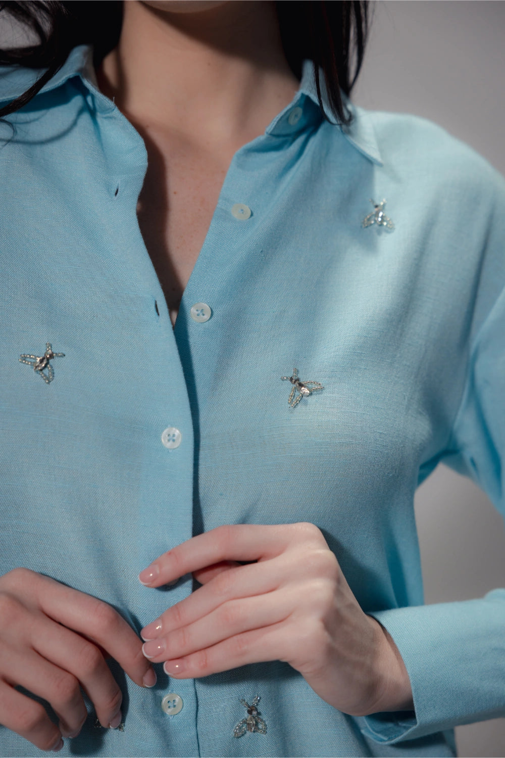 Linen Blend Studded Blue shirt - Muggnos
