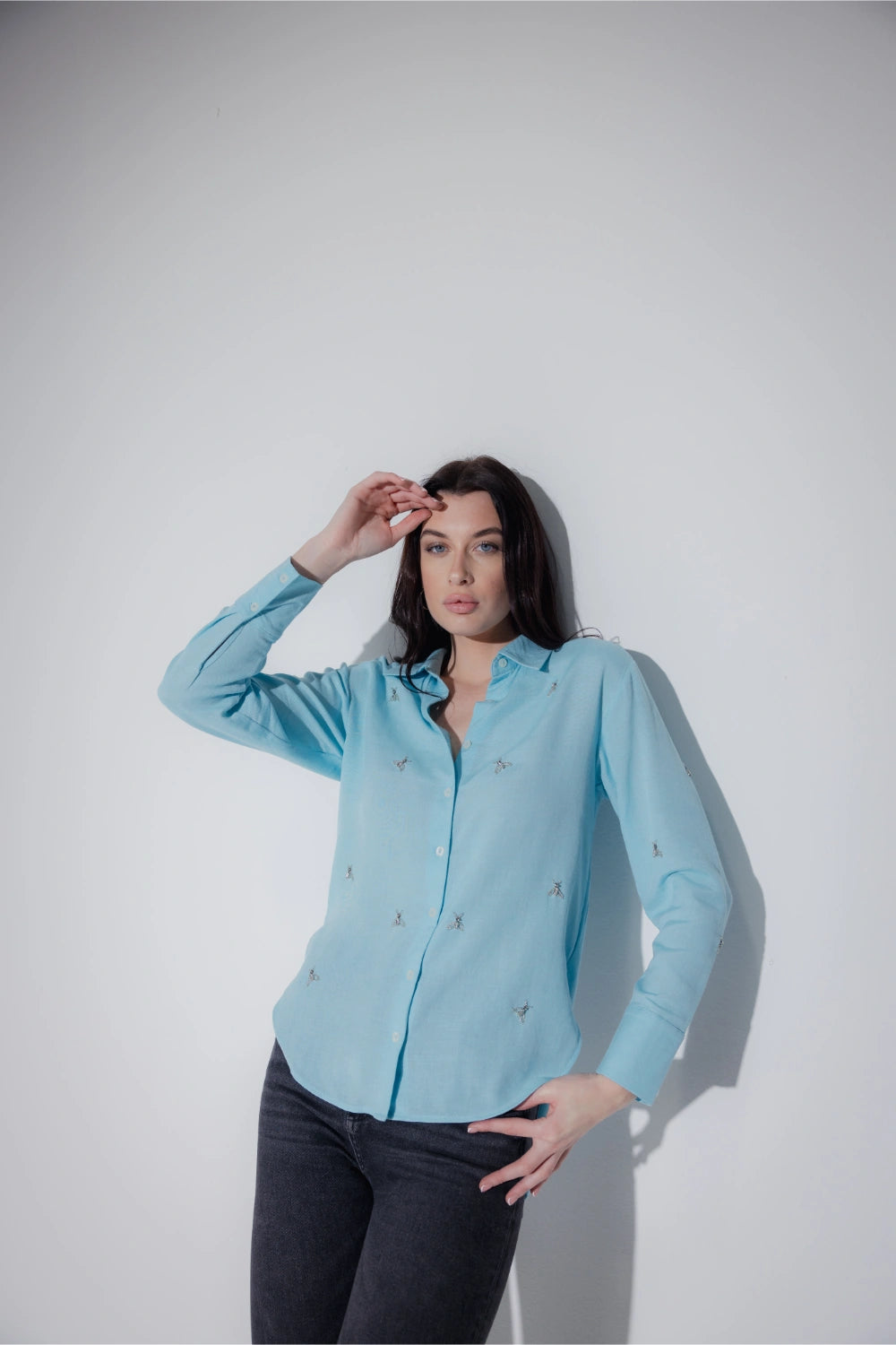 Linen Blend Studded Blue shirt - Muggnos