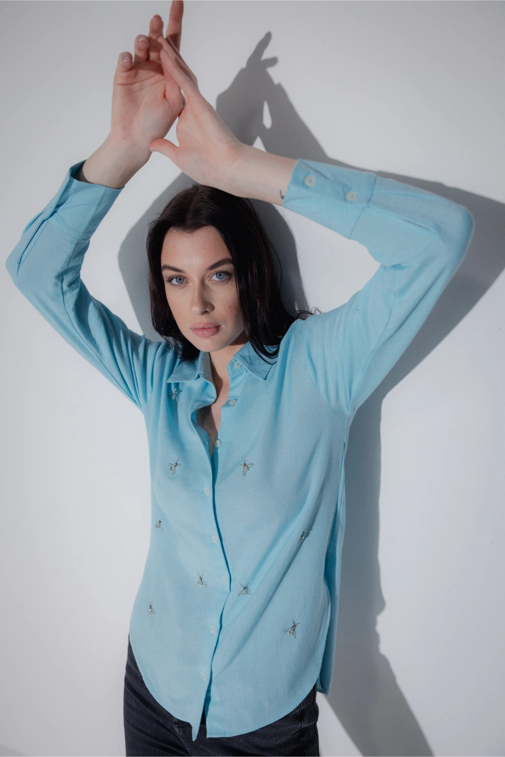 Linen Blend Studded Blue shirt - Muggnos
