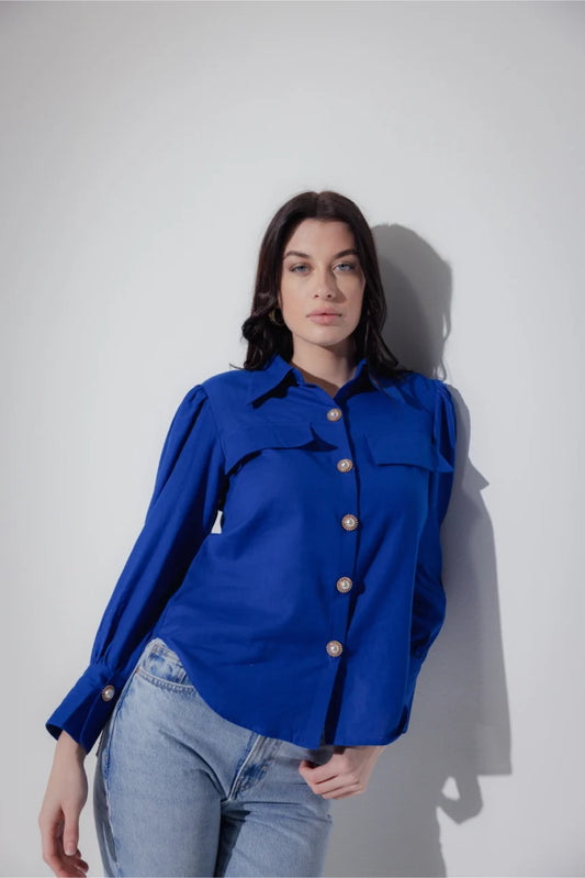 Linen Blend Shirt with Pearl Buttons Front View - Muggnos