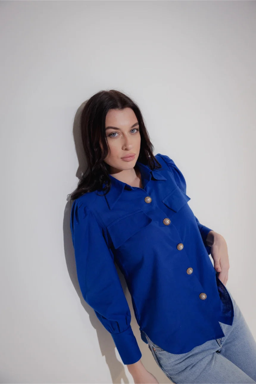 Linen Blend Shirt with Pearl Buttons Angle View - Muggnos