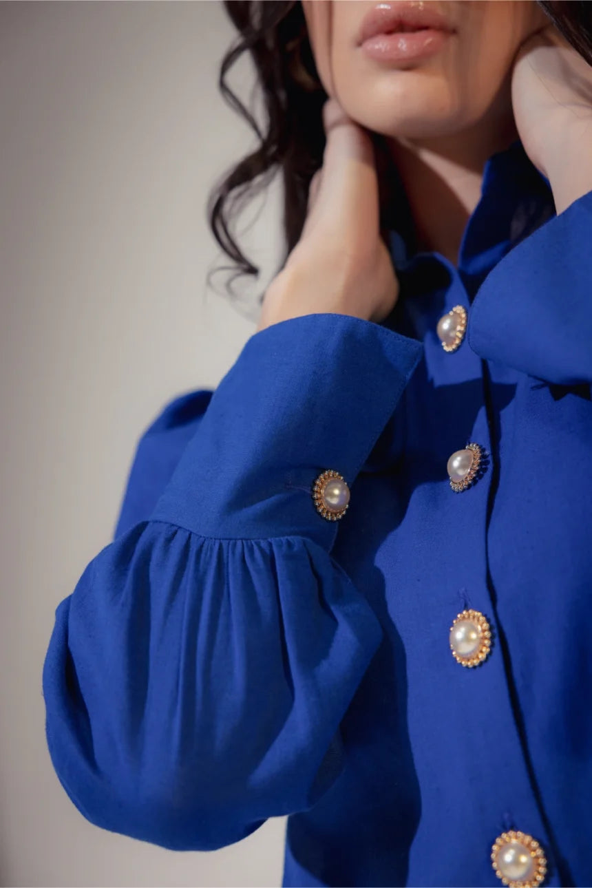 Linen Blend Shirt with Pearl Buttons Side View - Muggnos
