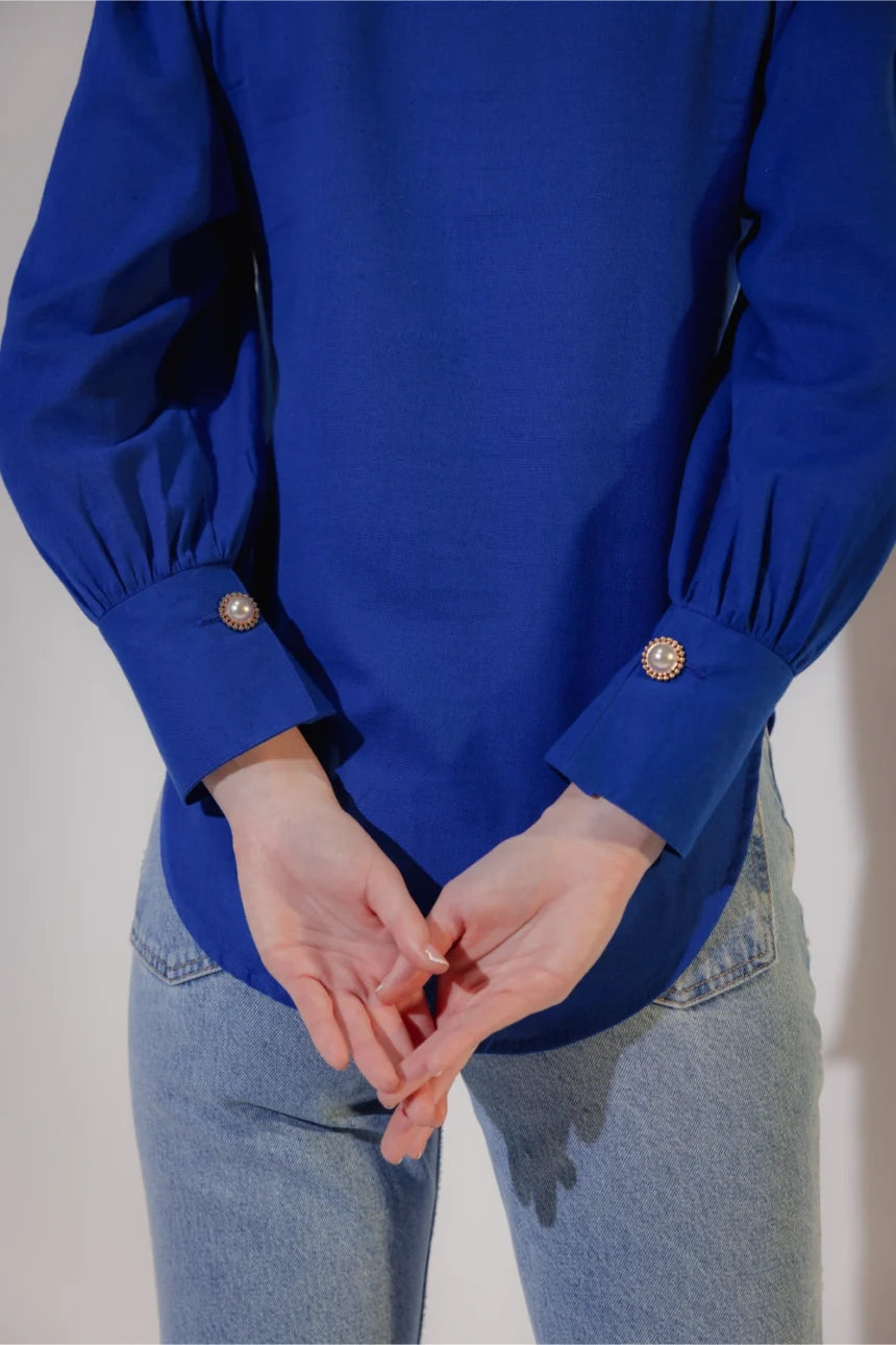 Linen Blend Shirt with Pearl Buttons Back View - Muggnos