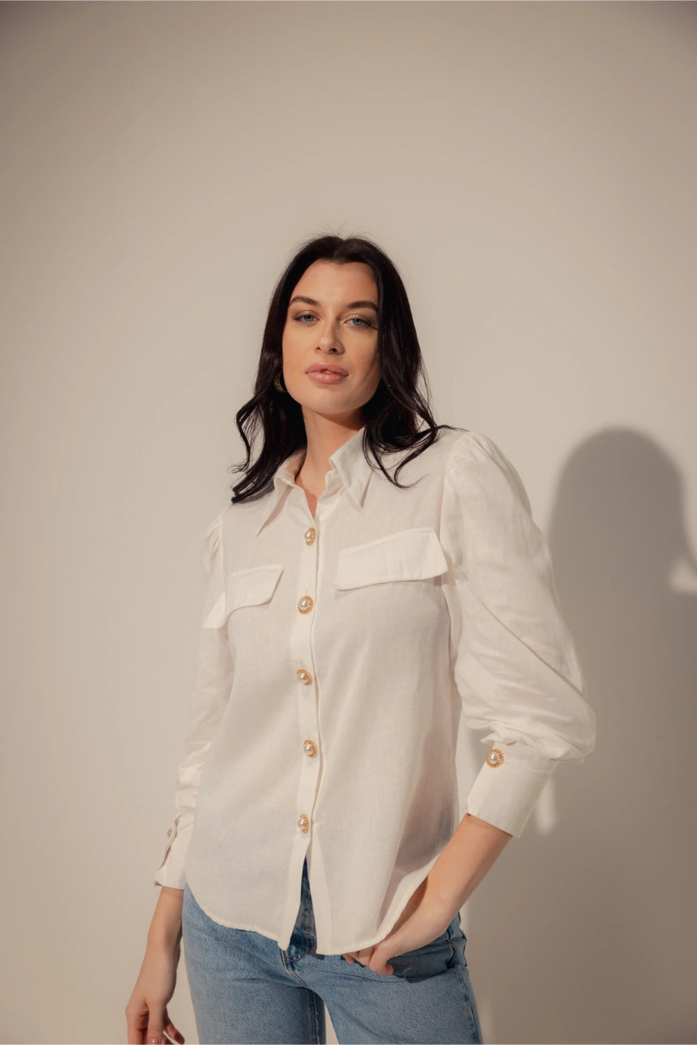 Linen Blend White Shirt with Pearl Buttons - Muggnos