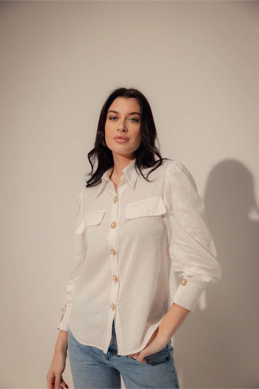 Linen Blend White Shirt with Pearl Buttons - Muggnos