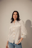 Linen Blend White Shirt with Pearl Buttons - Muggnos