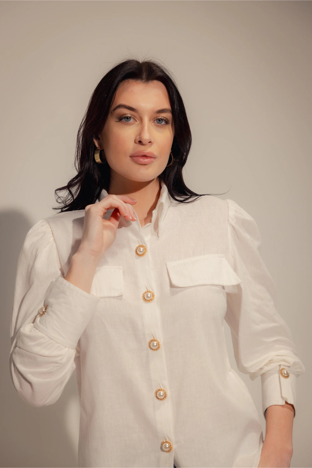 Linen Blend White Shirt with Pearl Buttons - Muggnos