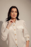Linen Blend White Shirt with Pearl Buttons - Muggnos