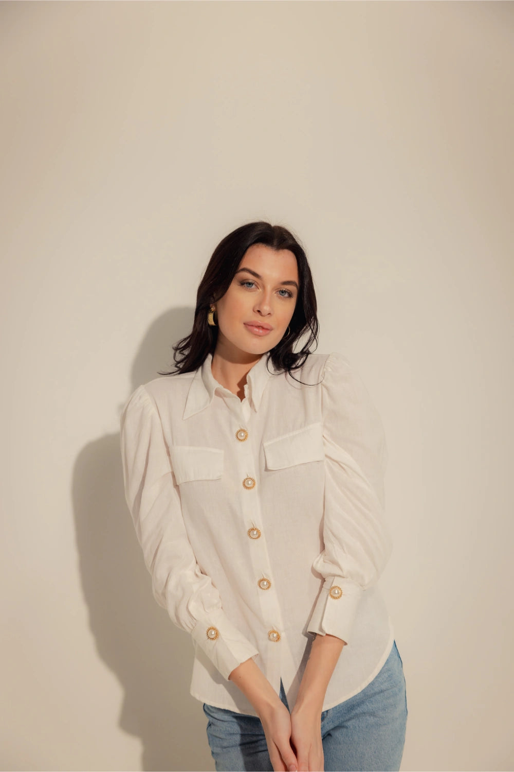 Linen Blend White Shirt with Pearl Buttons - Muggnos