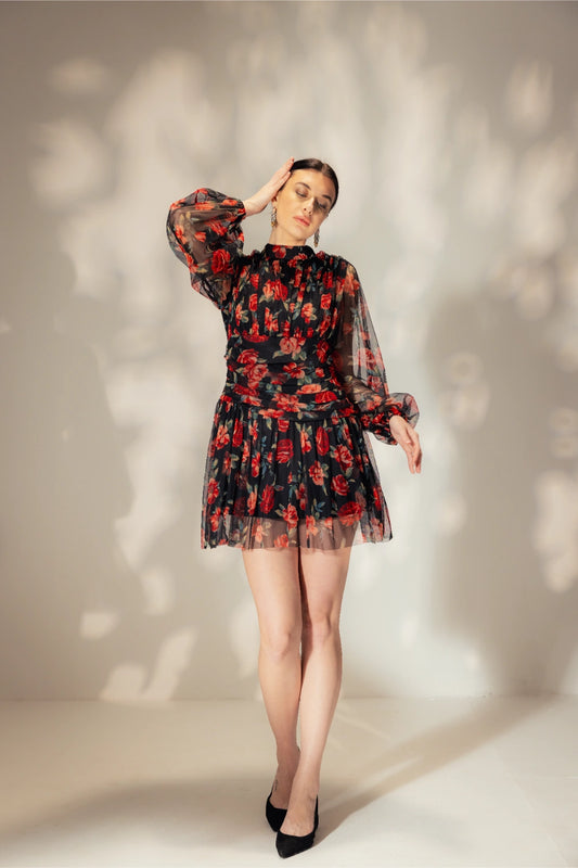 Short Floral print black dress - Muggnos