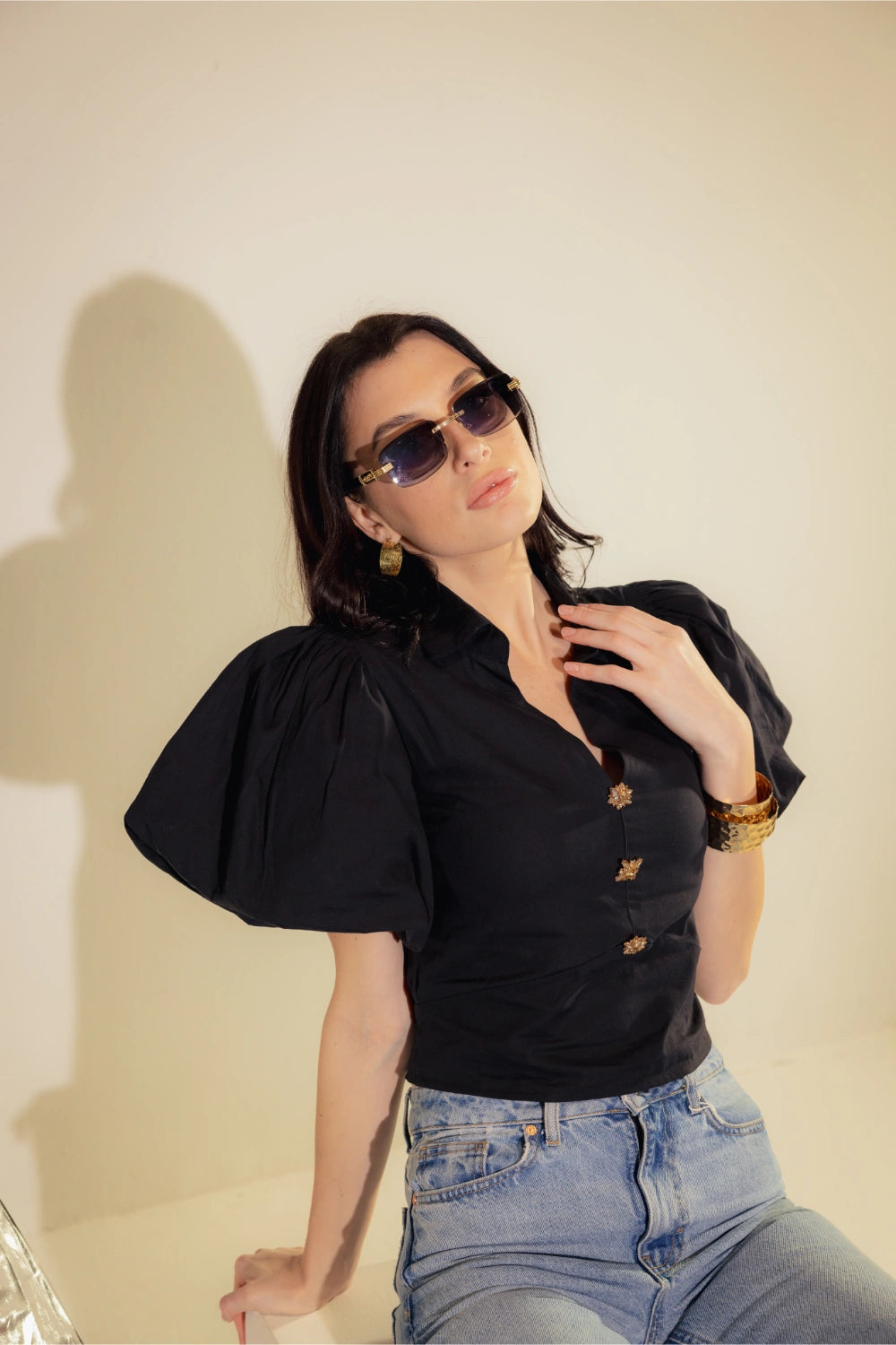 Black Cropped Blouse with Gold Buttons Front View Compact - Muggnos