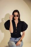 Black Cropped Blouse with Gold Buttons Side View Compact - Muggnos