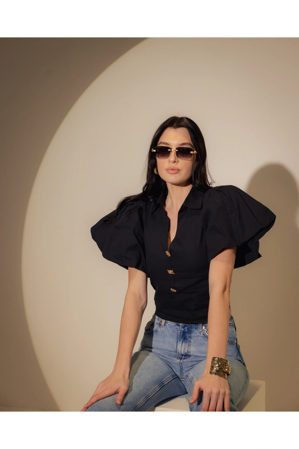 Black Cropped Blouse with Gold Buttons Detail View - Muggnos