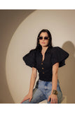 Black Cropped Blouse with Gold Buttons Detail View - Muggnos