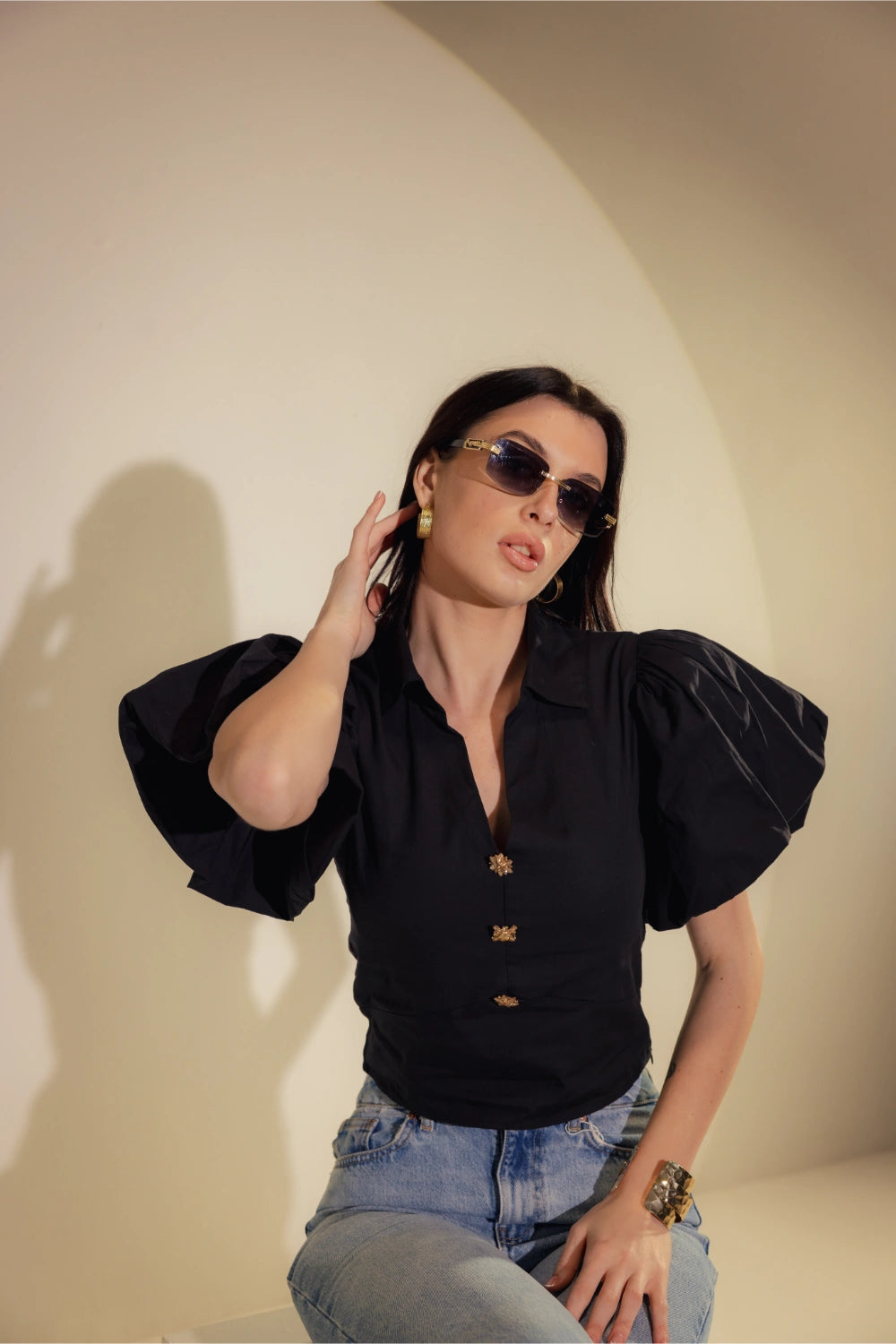 Black Cropped Blouse with Gold Buttons Close-Up - Muggnos