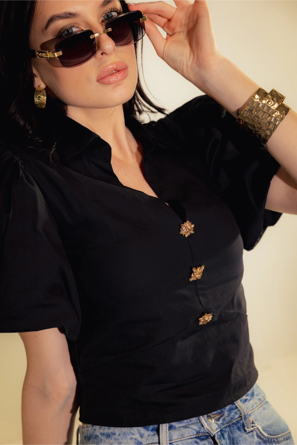 Black Cropped Blouse with Gold Buttons Angle View - Muggnos