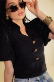 Black Cropped Blouse with Gold Buttons Angle View - Muggnos