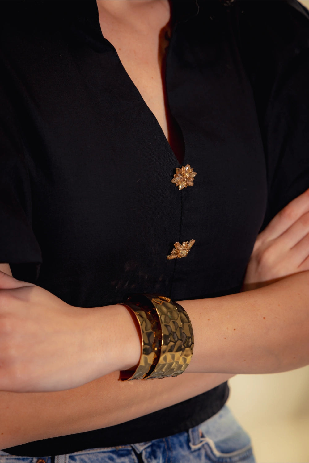 Black Cropped Blouse with Gold Buttons Front Close View - Muggnos