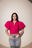 Pink Cropped Blouse with Gold Buttons Front View - Muggnos